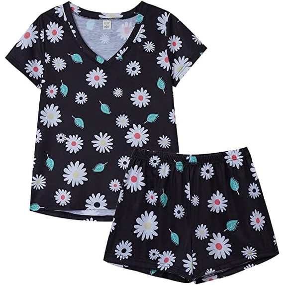 MyFav Women's Cute Cartoon Print Tee and Shorts Pajama Set,XS