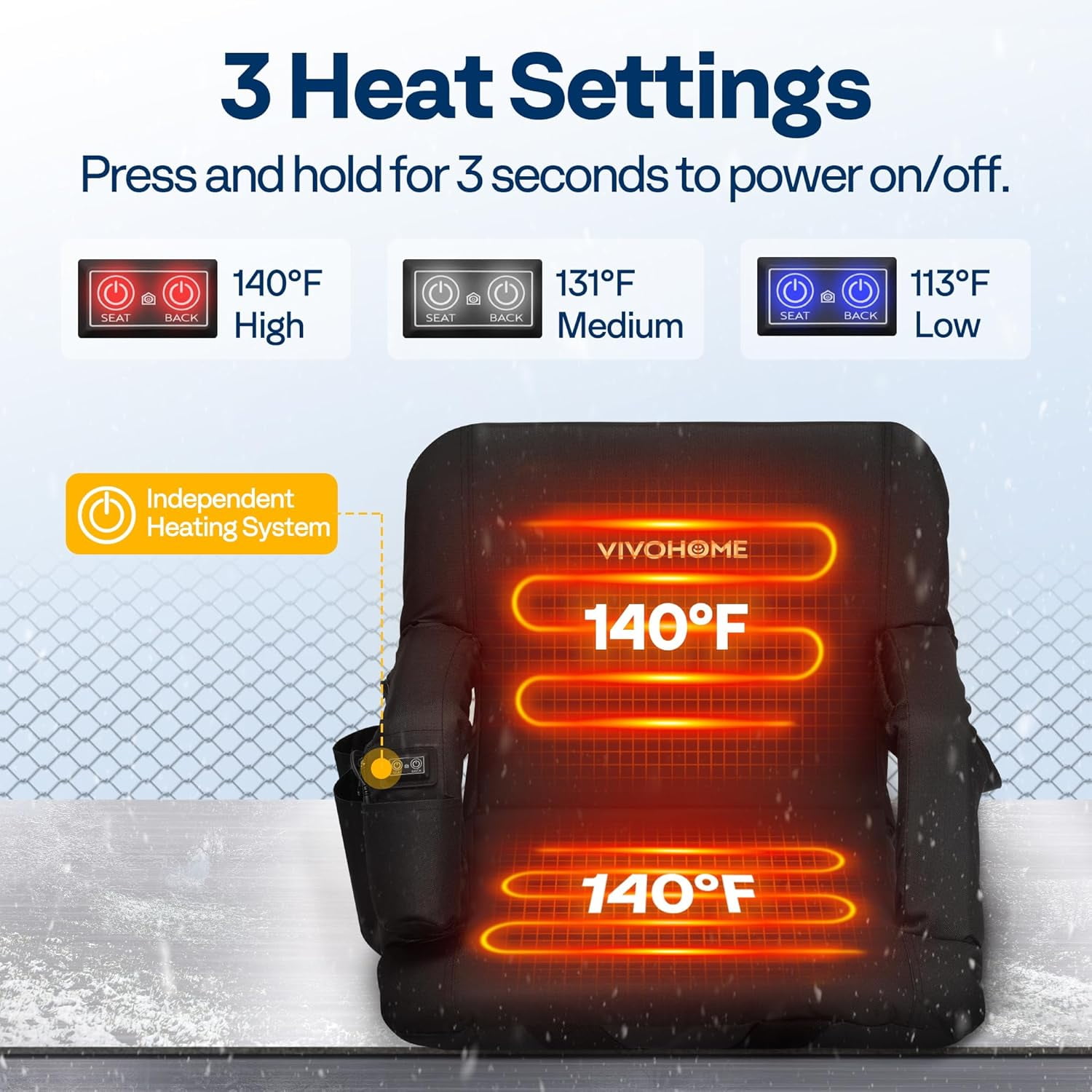SPECSTAR Heated Stadium Seats with Back Support and Cushion, 2 Pack Bleacher Chairs with 12V 20W PD Fast Charging Type C Port, 3 Levels of Heat, NTC Overheat Protection System(Power Bank not Include