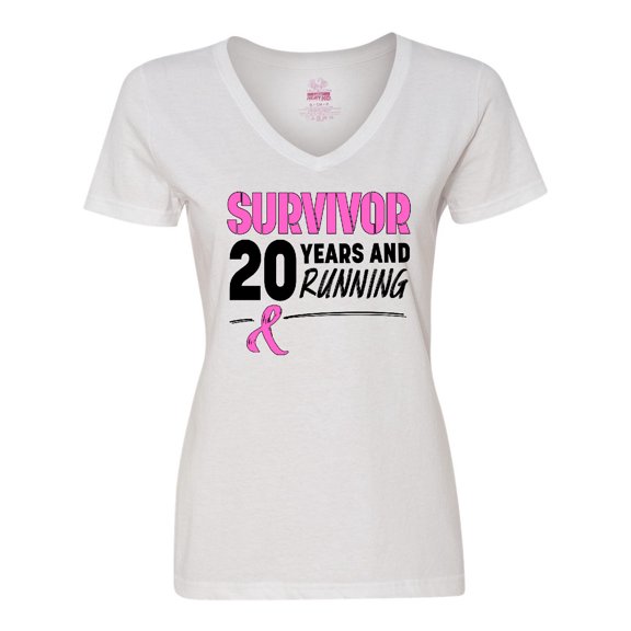 Inktastic Breast Cancer Survivor 20 Years and Running with Pink Ribbon Women's V-Neck T-Shirt