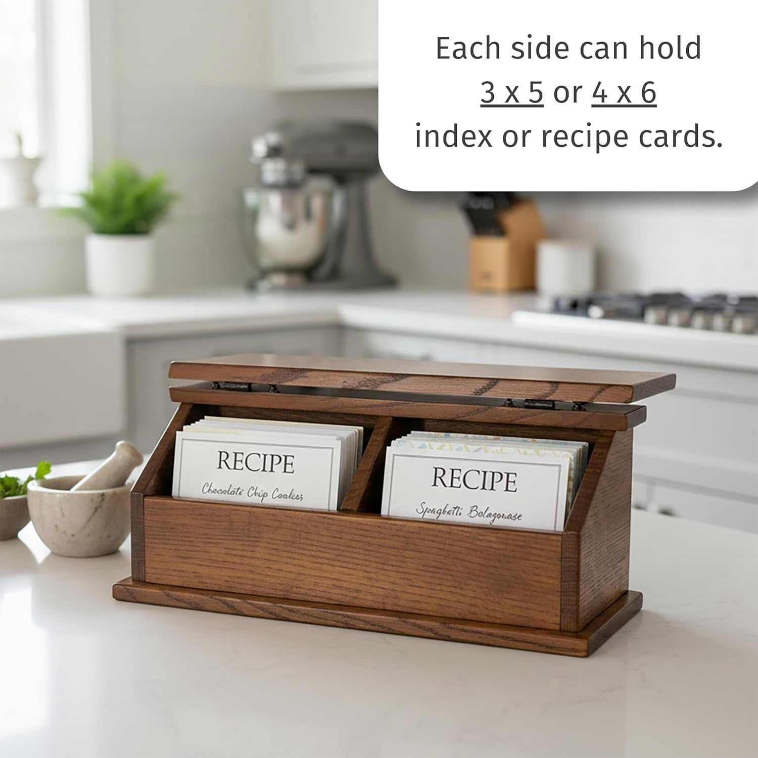 DutchCrafters Solid Quarter Sawn Oak Wood Double Recipe Card Holder for Baking, Cooking - Kitchen Decor & Organization Box, Holds 4x6 or 3x5 Cards - Amish Made in USA