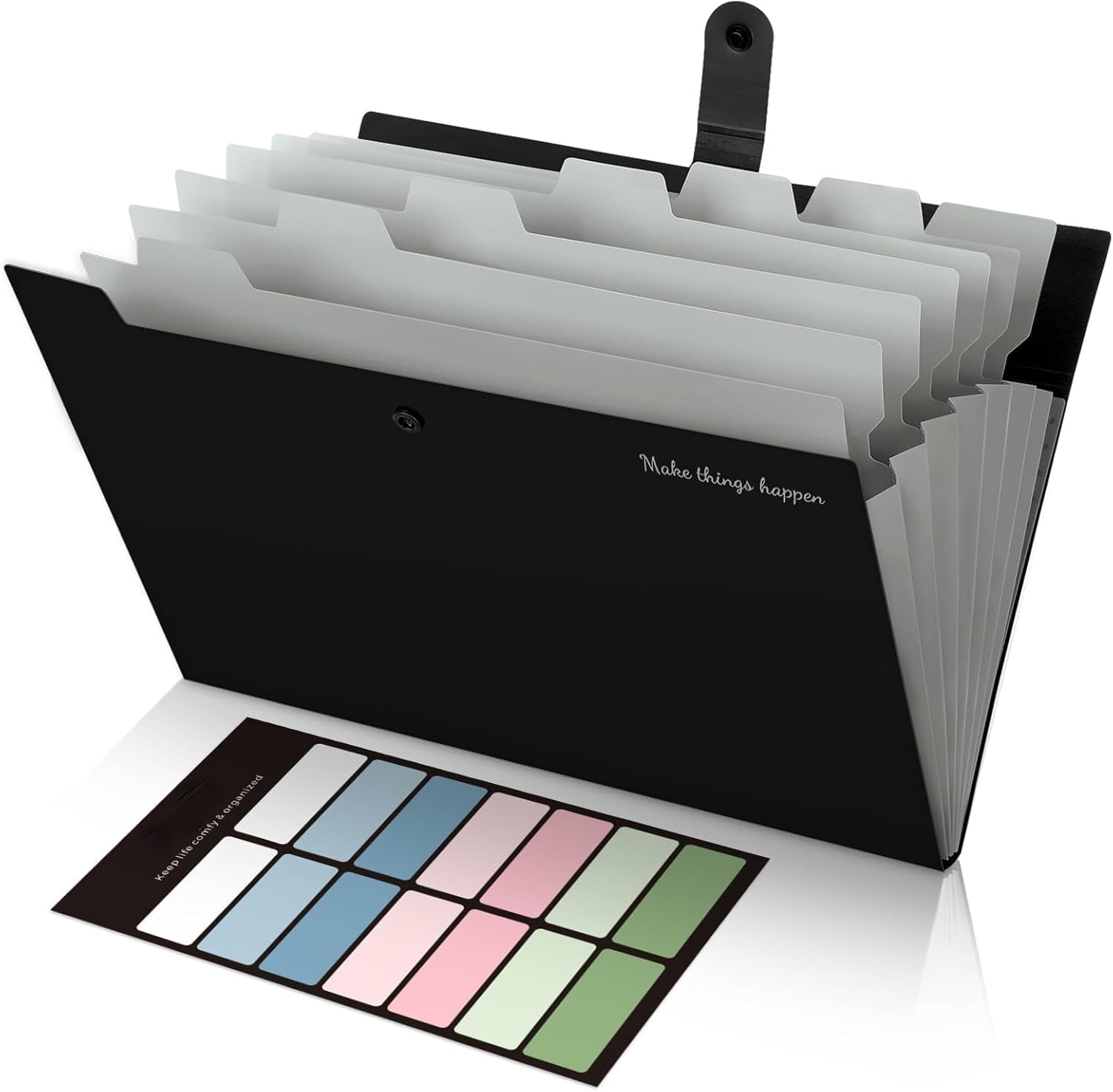 PrimeCook Shop Expanding File Folders with Labels,8 Pockets Accordion File Organizer, Portable Document Paper Organizer, A4 Letter Size Filing Folder for Office, Pack of 4, Black