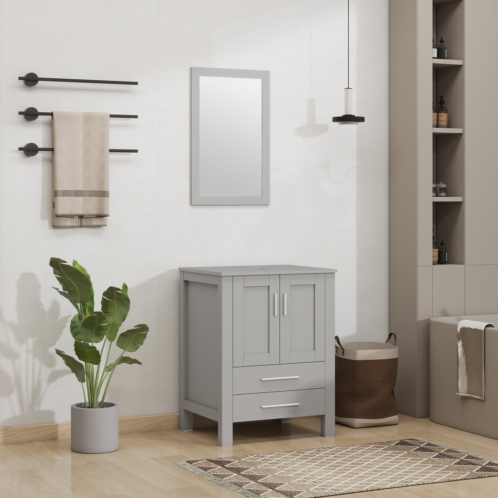 ELECWISH 24-Inch Bathroom Vanity in Gray with Mirror, Modern Stand Pedestal Cabinet with Manufactured Wood Top