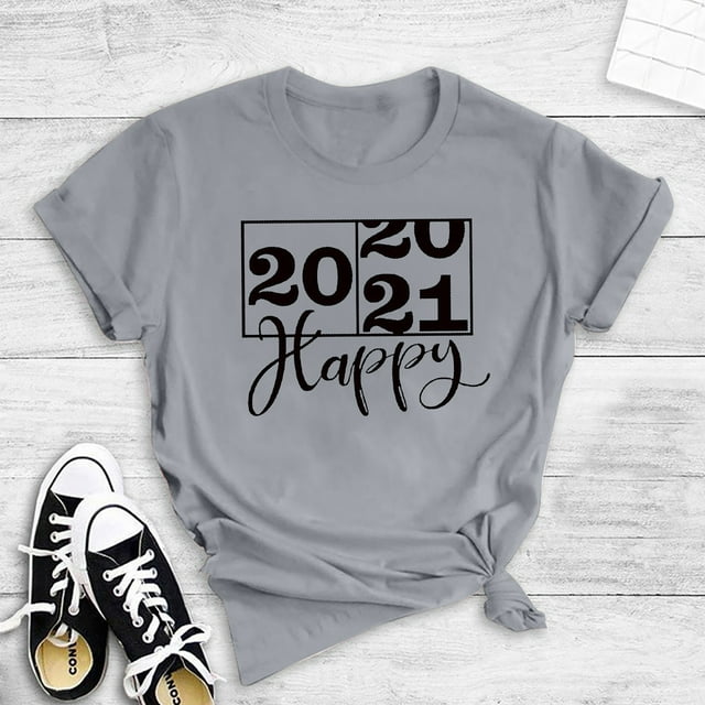 T-shirts d'Été pour Femmes Grande Taille, Hauts d'Été pour Femmes, Motif Imprimé, Manches Courtes, Col Rond, T-shirt Ample, Haut Happy2021, T-shirt à Col en V pour Femmes en Liquidation
