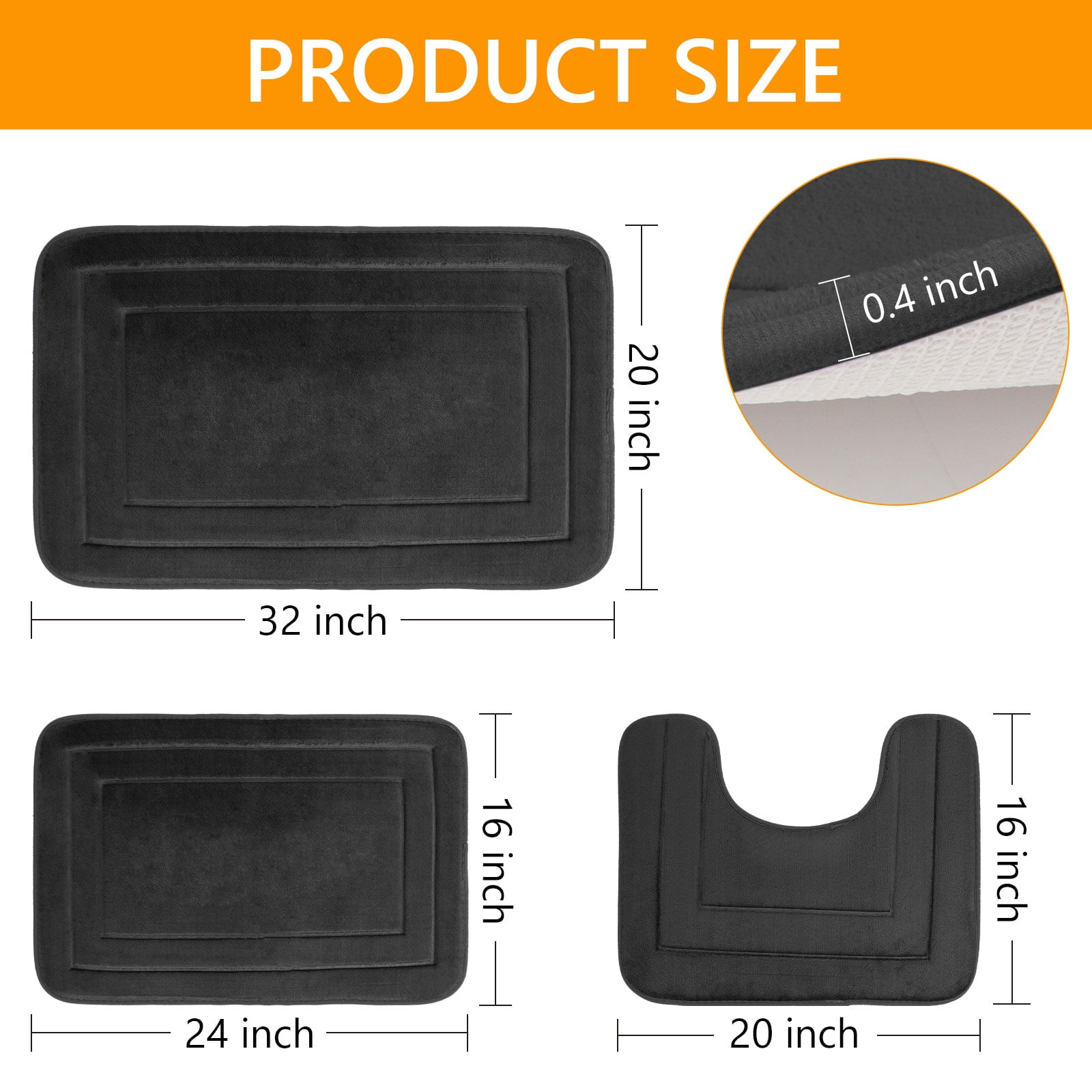 Tripumer 3 Pcs Black Memory Foam Bath Mat Set Bathroom Rugs Set U Shape Toilet Mats for Toilet Shower Sink