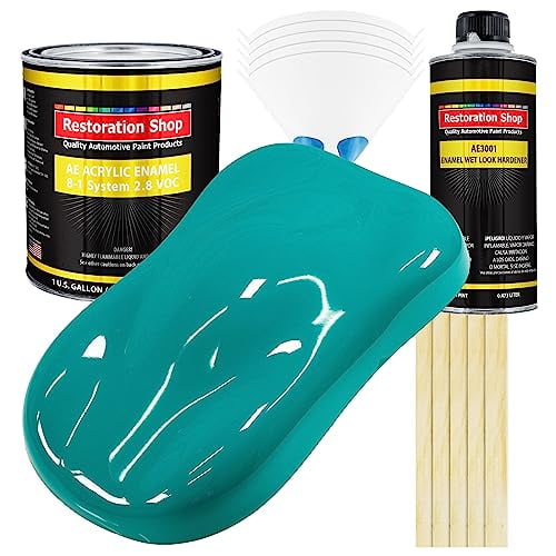 Restoration Shop - Deep Aqua Acrylic Enamel Auto Paint - Complete Gallon Paint Kit - Professional Single Stage High Gloss Automotive, Car, Truck, Equipment Coating, 8:1 Mix Ratio, 2.8 VOC