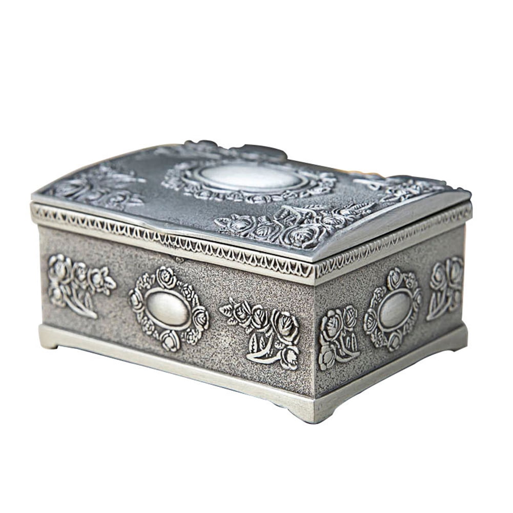 Silver Feyarl Jewelry Box Retro Metal Jewellery Organiser Decorative with Floral Design 17 x 9 x 12CM