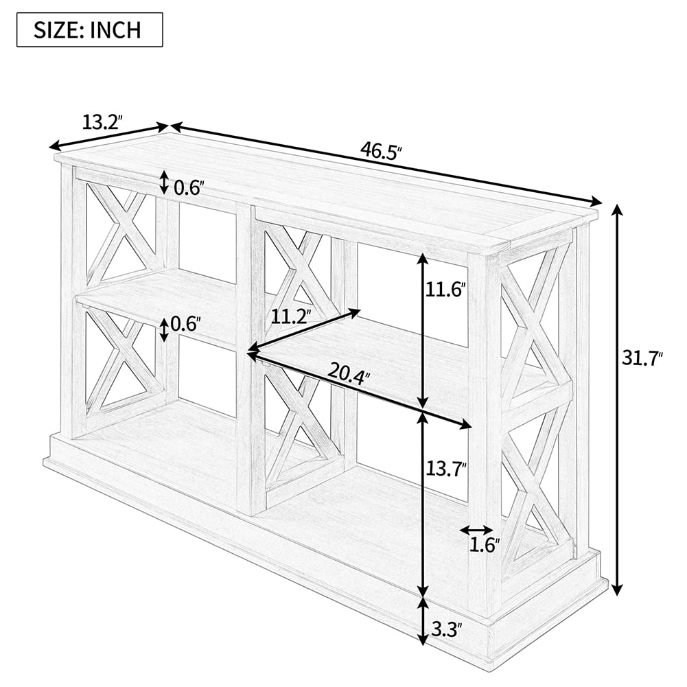 Lowestbest Console Table, with 3-Tier Open Storage Spaces and "X" Legs, for Living Room, Entryway and Hallway (White Wash)