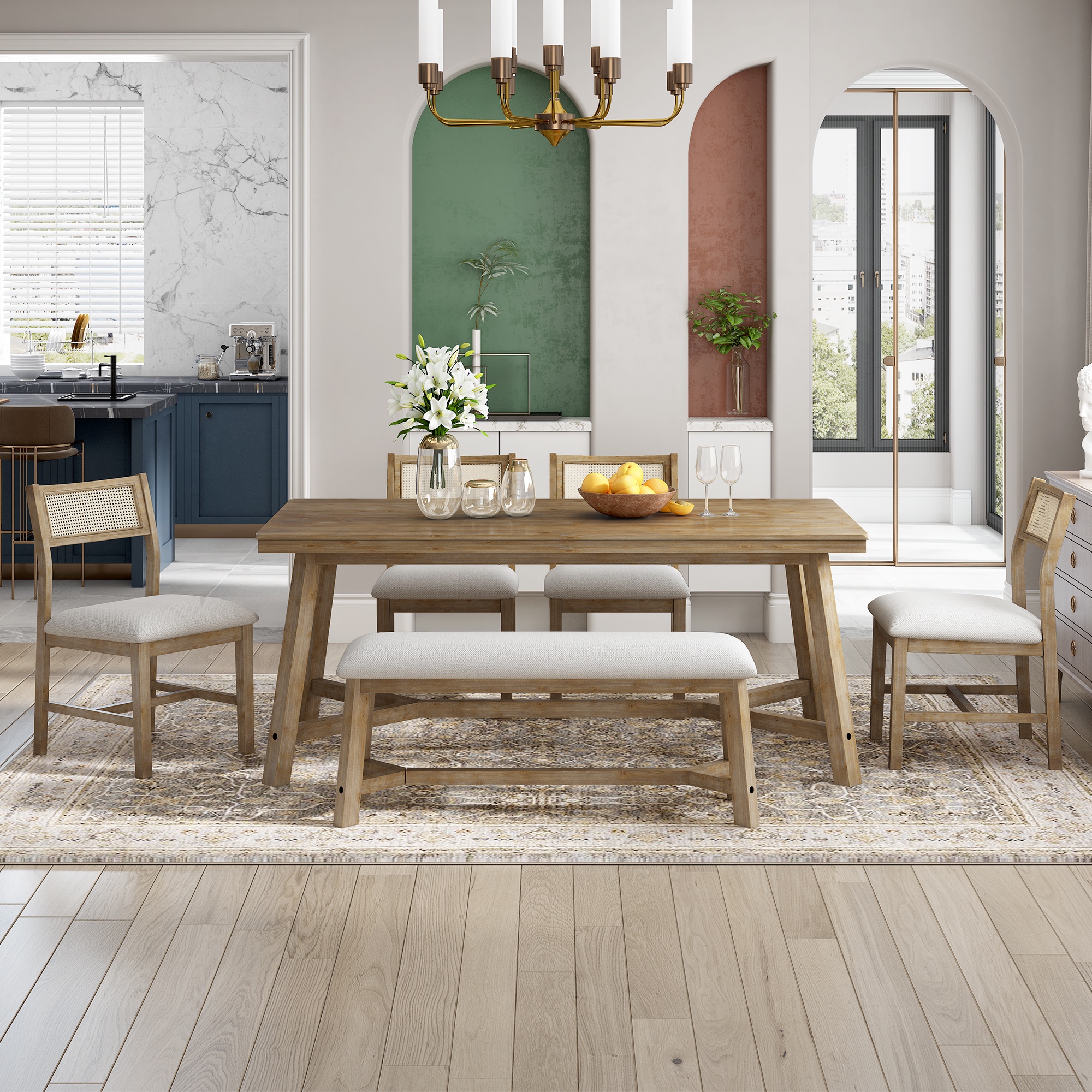 PORKISS 6-Piece Dining Room Set, Farmhouse Dining Table Set with Bench and 4 Upholstered Chairs, Natural