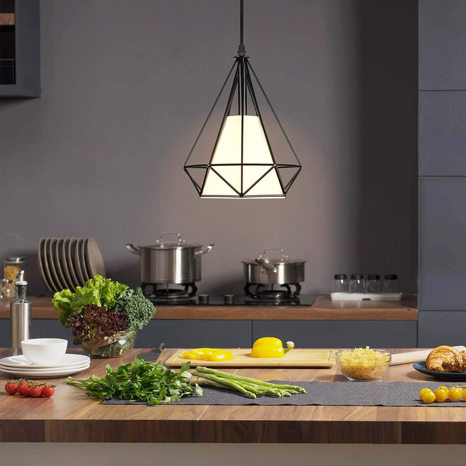 Industrial Plug-in Pendant Light Vintage Hanging Ceiling Lighting E26 Chandeliers Fixture with Metal Fabric Cage Shape On/Off Switch for Kitchen Island Dining Room Hallway Farmhouse
