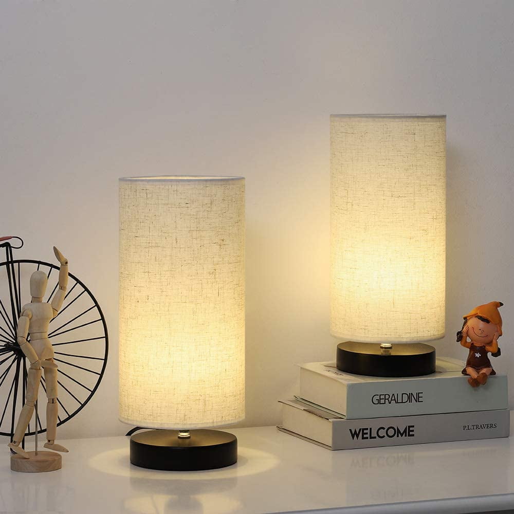 Bedside Nightstand Lamp with Fabric Lamp Shade and Metal Base Set of