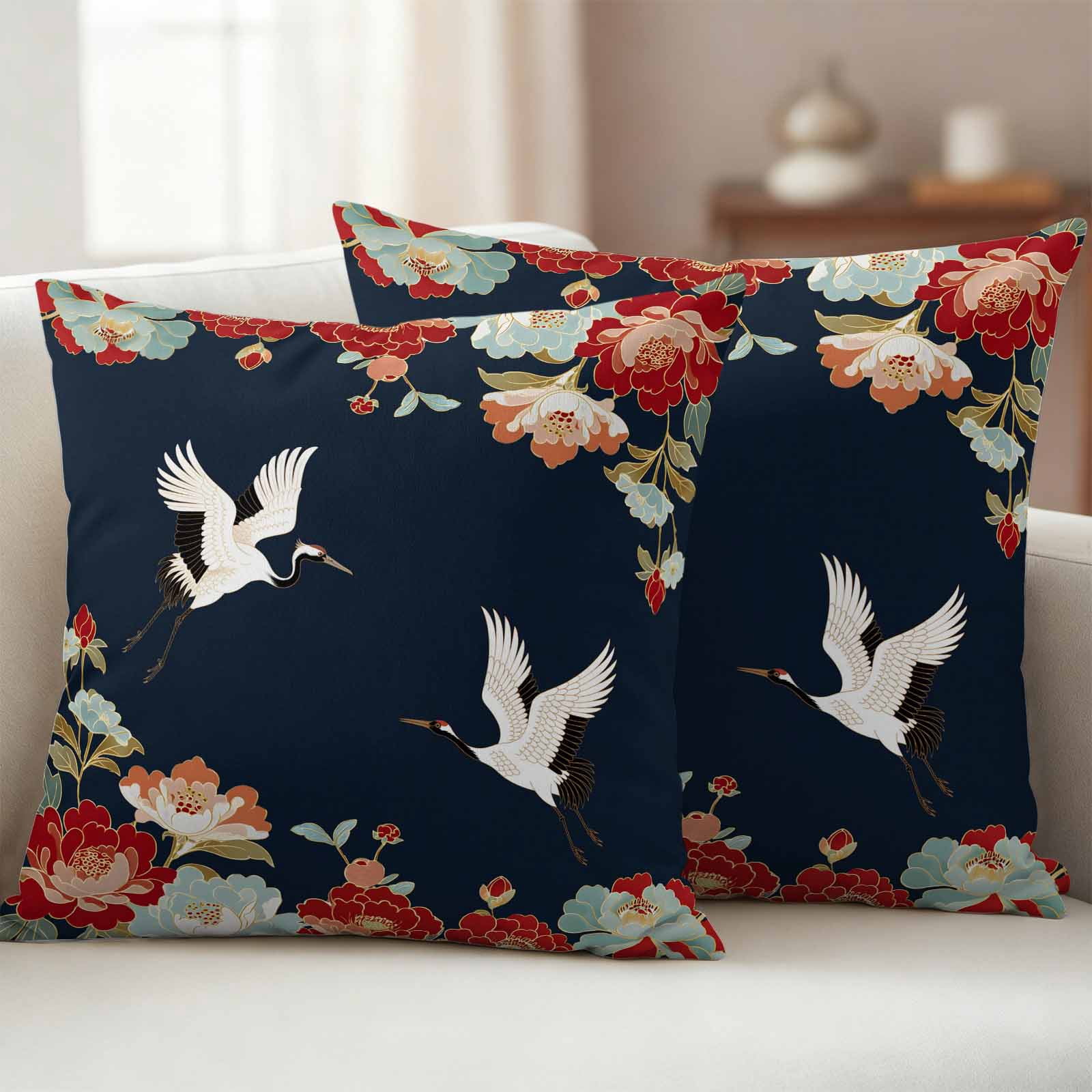 Pack of 2 Navy Blue Crane Outdoor Pillow Covers Decorative, Waterproof Pillow Protector, Vintage Red Teal Spring Floral Botanical Throw Pillowcases Accent Cushion Cases for Patio Couch Sofa 20"x20"