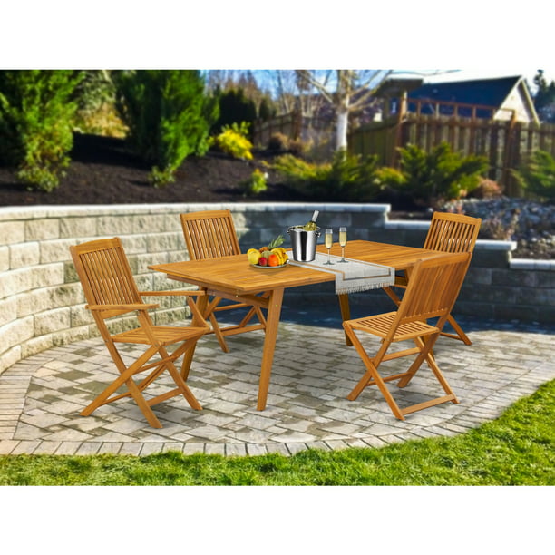 East West Furniture Decm5cwna 5 Pc Outdoor Dining Set 4 Patio Chairs Slatted Back And Small Table Rectangular Top With Wood Legs Natural Oil Finish Com - Wood 4 Piece Outdoor Patio Set