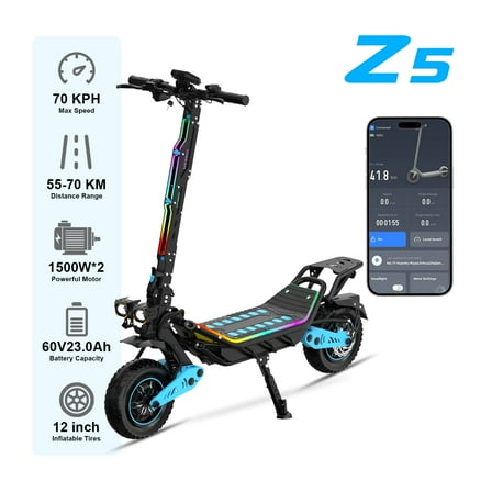 Z5 1500W Range 70km Portable Escooter Electric Scooter for Adults with 60V23.4AH Battery 12 Inch Off-Road Tire