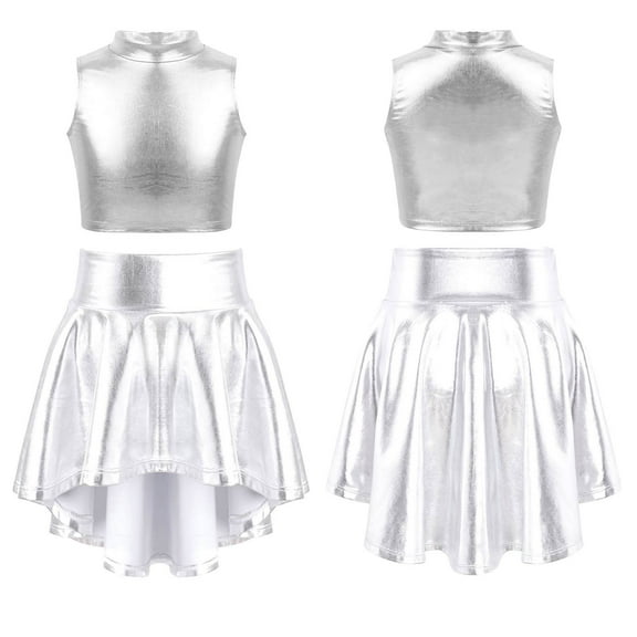 iiniim Kids Girls Metallic Tank Tops with High-low Hem Skirt Set for Jazz Modern Dance Performance Silver 10