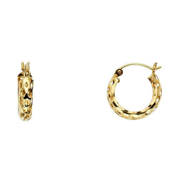 Small Hoop Earrings Solid 14k Yellow Gold Hollow Diamond Cut Polished French Lock Fancy 14 x 14 mm