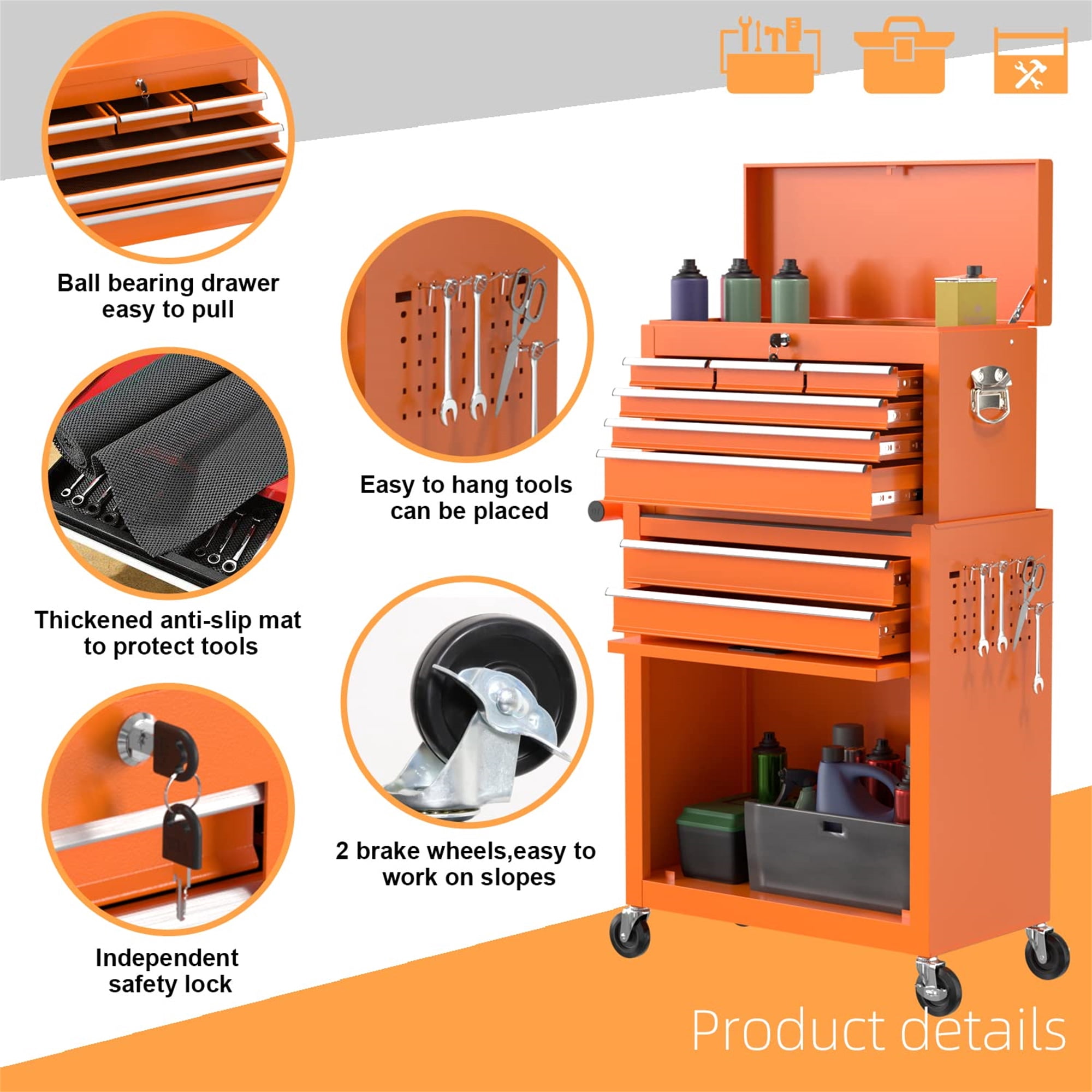 Aukfa Tool Chest, 2 in 1 Steel Rolling Tool Box & Cabinet On Wheels for Garage, 8-Drawer, Orange