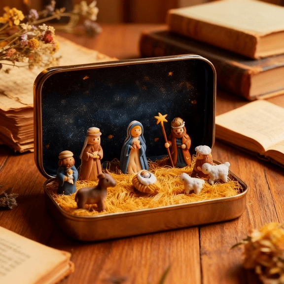 Mini Christmas Nativity Set in a Tin Box, Handcrafted Pocket Scene, Portable Holy Family Display, Small Religious Ornament,for Xmas DIY Craft Embellishment Decoration(A)