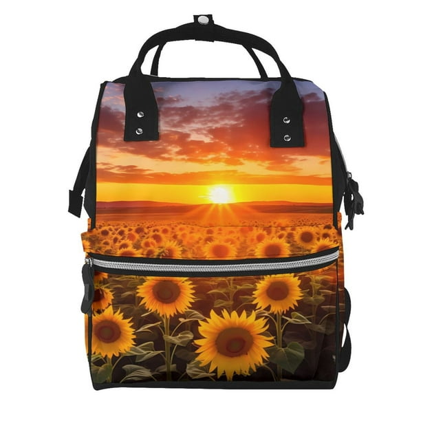 Fotbe Sunset Golden Sunflower Field Mochila Maternidad - Lona de Sarga Impermeable, Mochila de Pañales de Gran Capacidad con Múltiples Bolsillos y Correas Ajustables