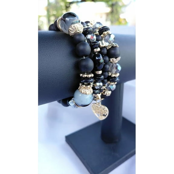 Heart Charm Crystal Bracelet Set -Black, Adjustable Beaded Fashion Jewelry