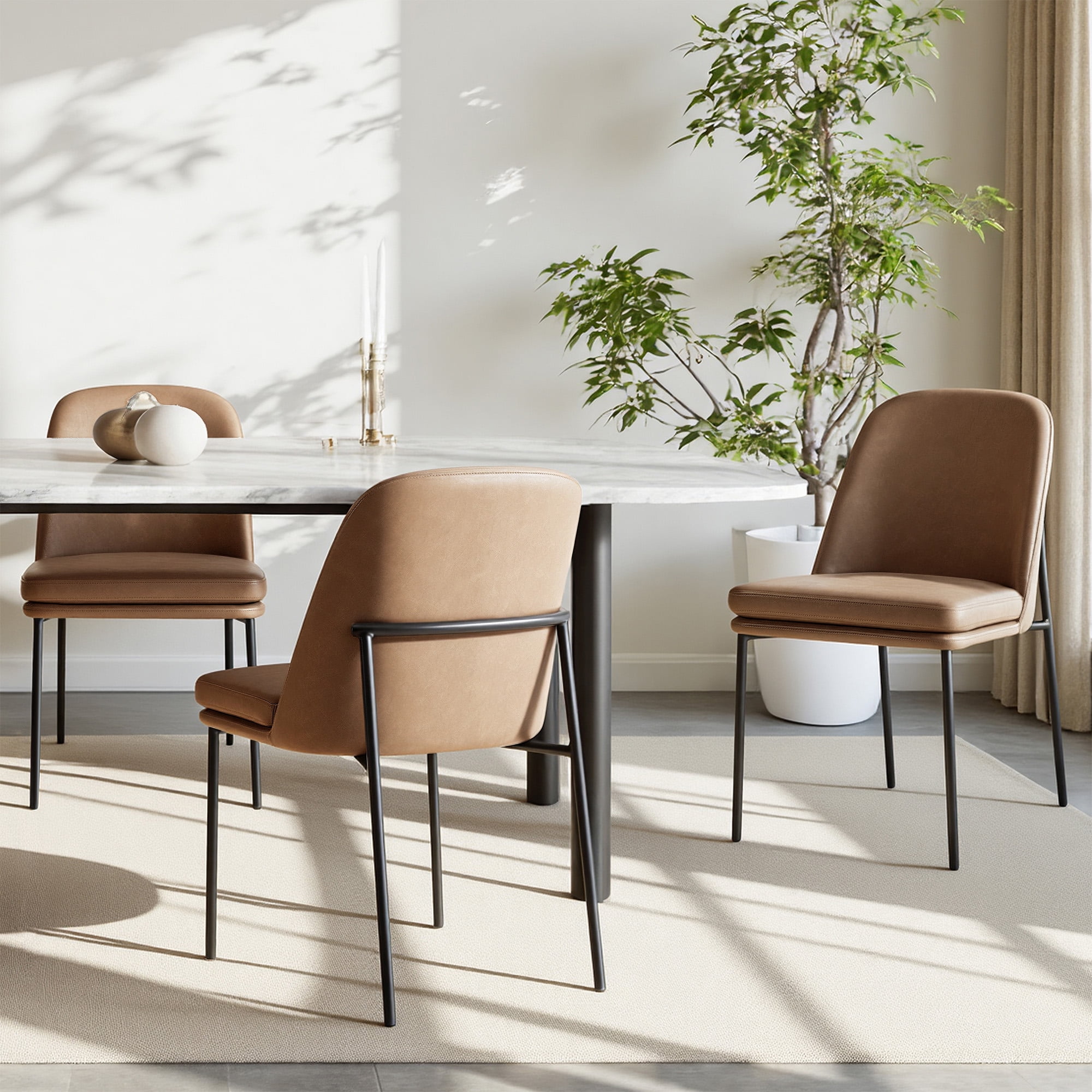 Spruce & Spring Modern Upholstered Dining Chair with Metal Legs Set of 2, Faux Leather in Saddle Brown