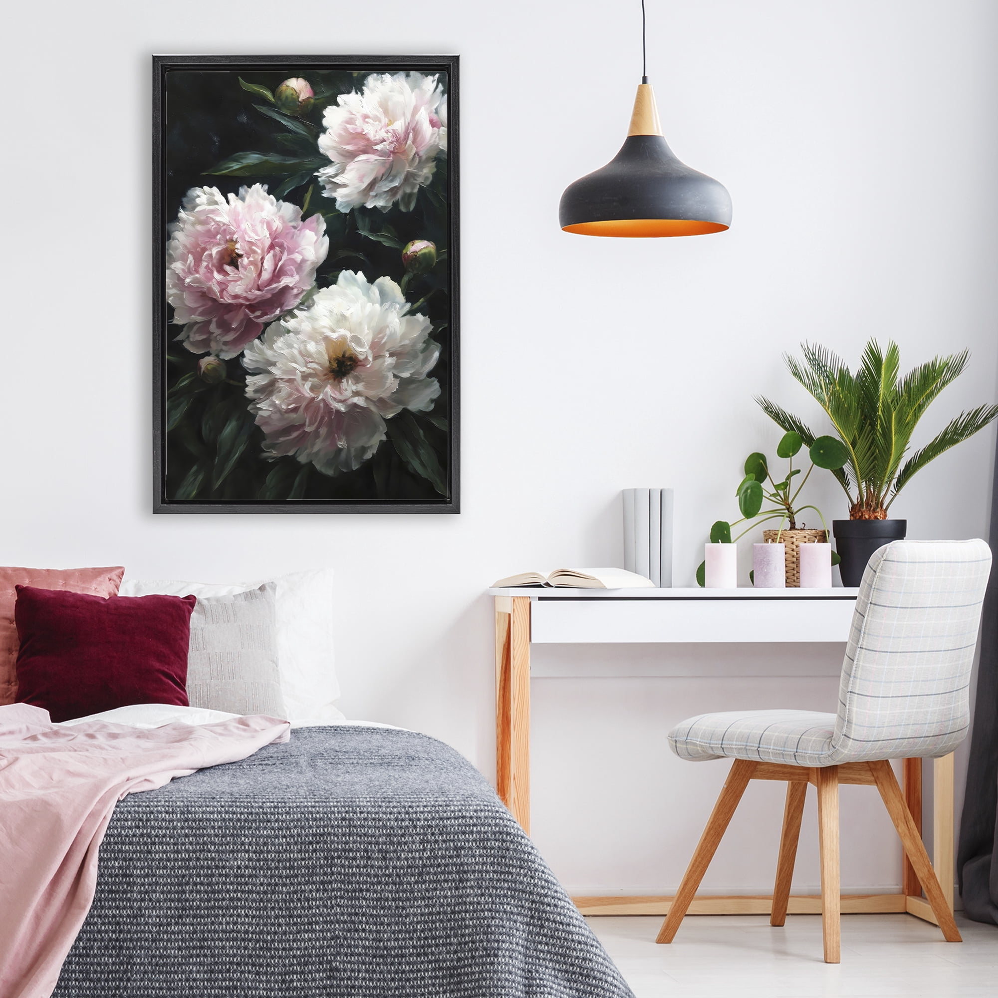 Stupell Industries Soft Pink Peony Garden Black Framed Floater Canvas Wall Art, design by Petal Prints Design