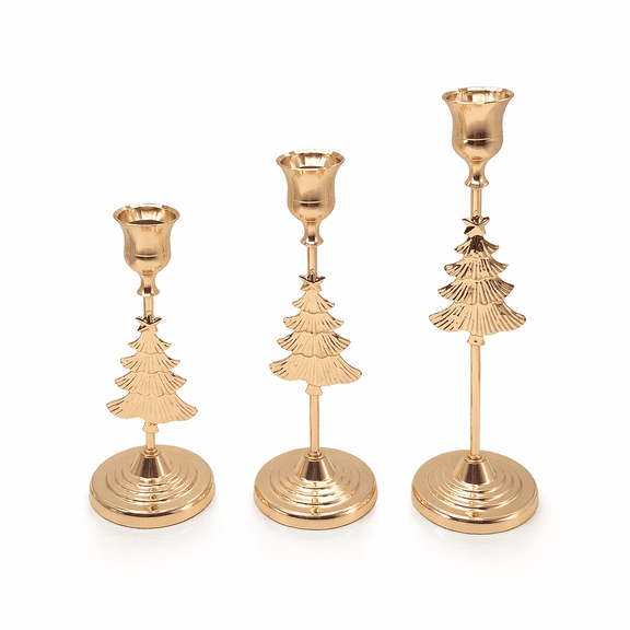 3 Pcs Gold Christmas Tree Taper Candle Holders,Gold Taper Candle Holders,Elegant Christmas Decor,Multi Size Decorative Candle Sticks For Table Centerpiece, Mantel And Holiday Housewarming Decoration