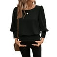 thumbnail image 3 of Women'S 3/4 Sleeve Round Neck Blouses Elastic Waist Hem Smocked Shirts Casual Solid Tops Black XXXL, 3 of 9