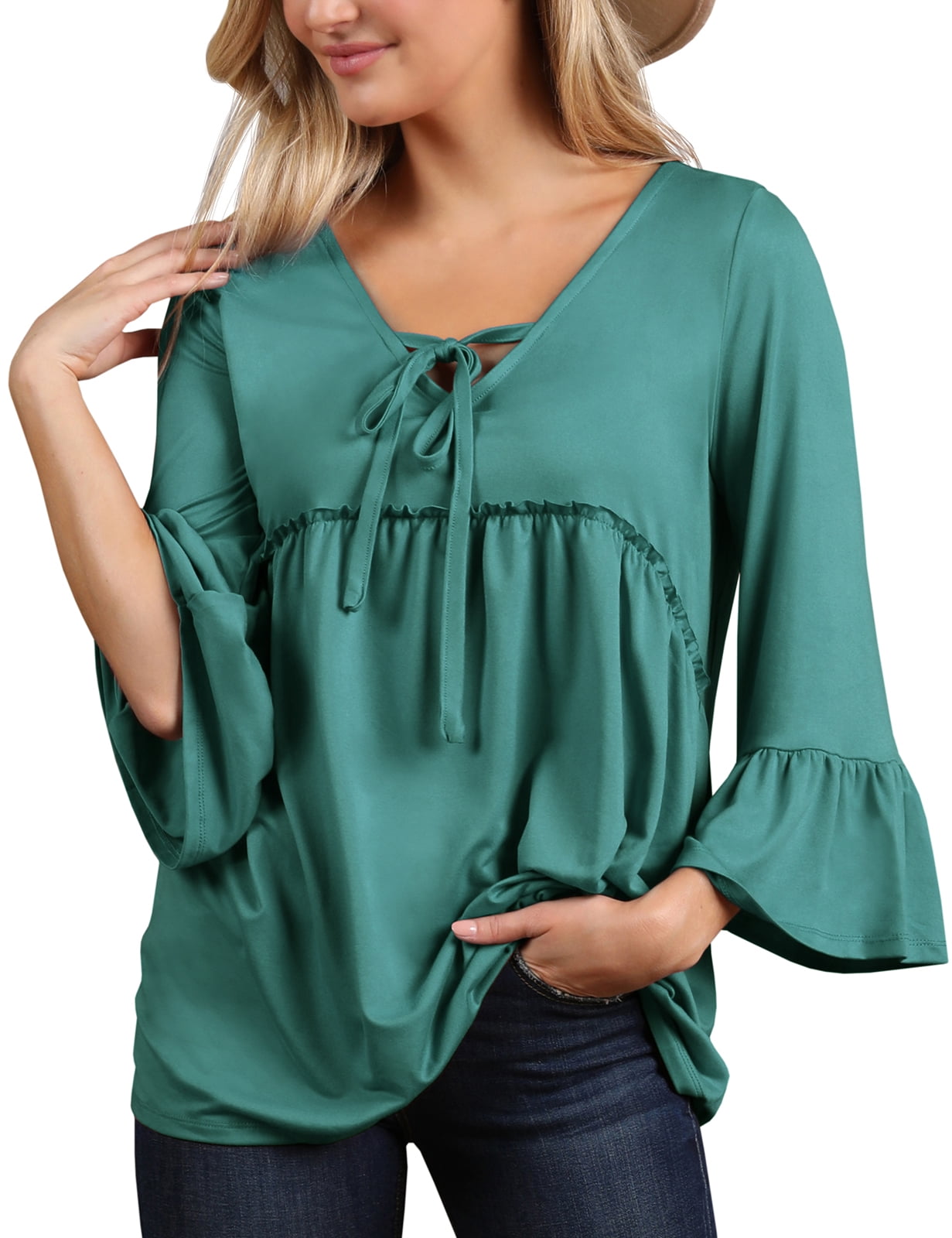 Doublju Womens 34 BELL Sleeve V Neck Tied Ruffle Casual Tunic Top With ...