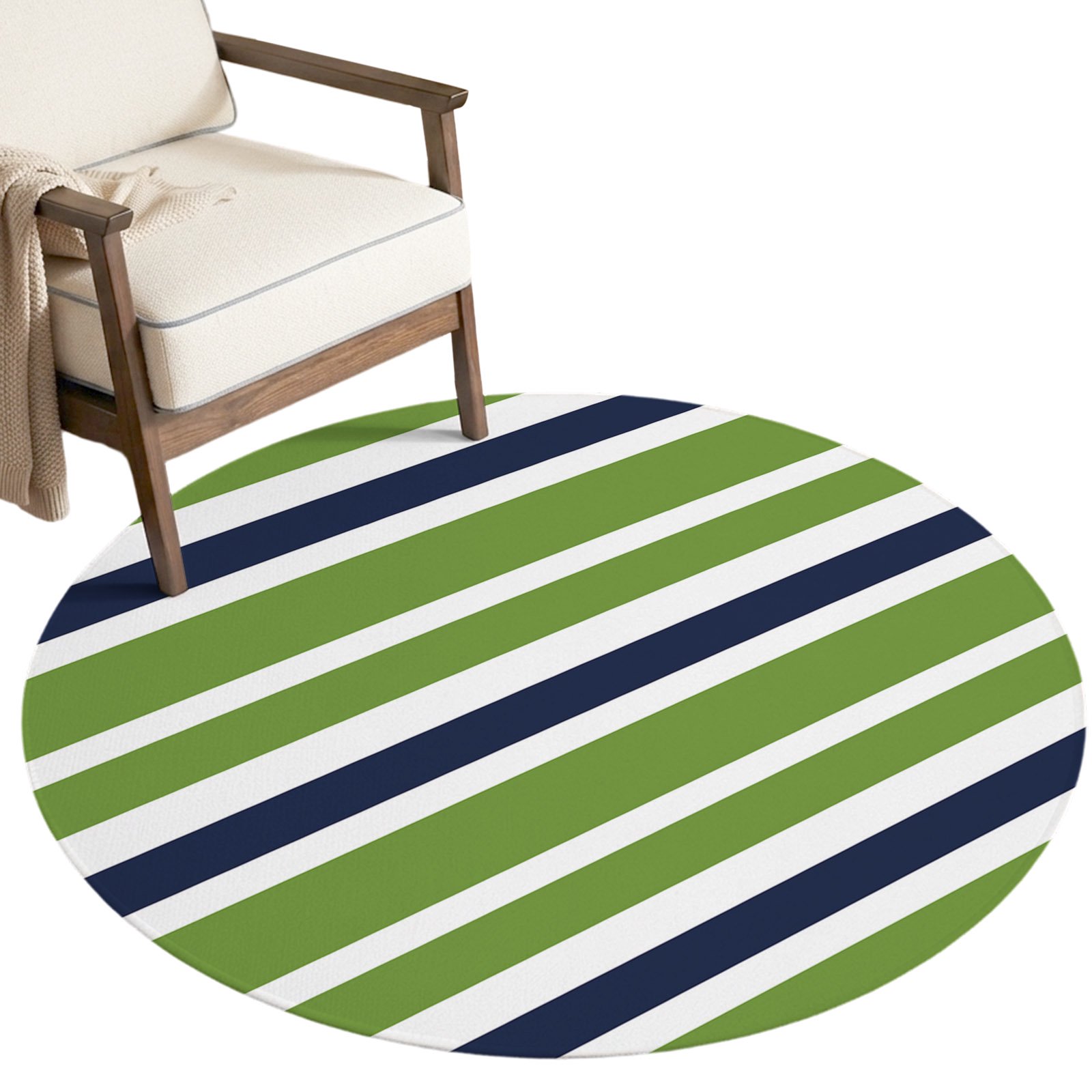 4ft Soft Round Area Rugs Navy Blue Green White Color Stripes Indoor Carpet for Living Room Bedroom Nursery Washable Circle Floor Mats Classic Striped Decor