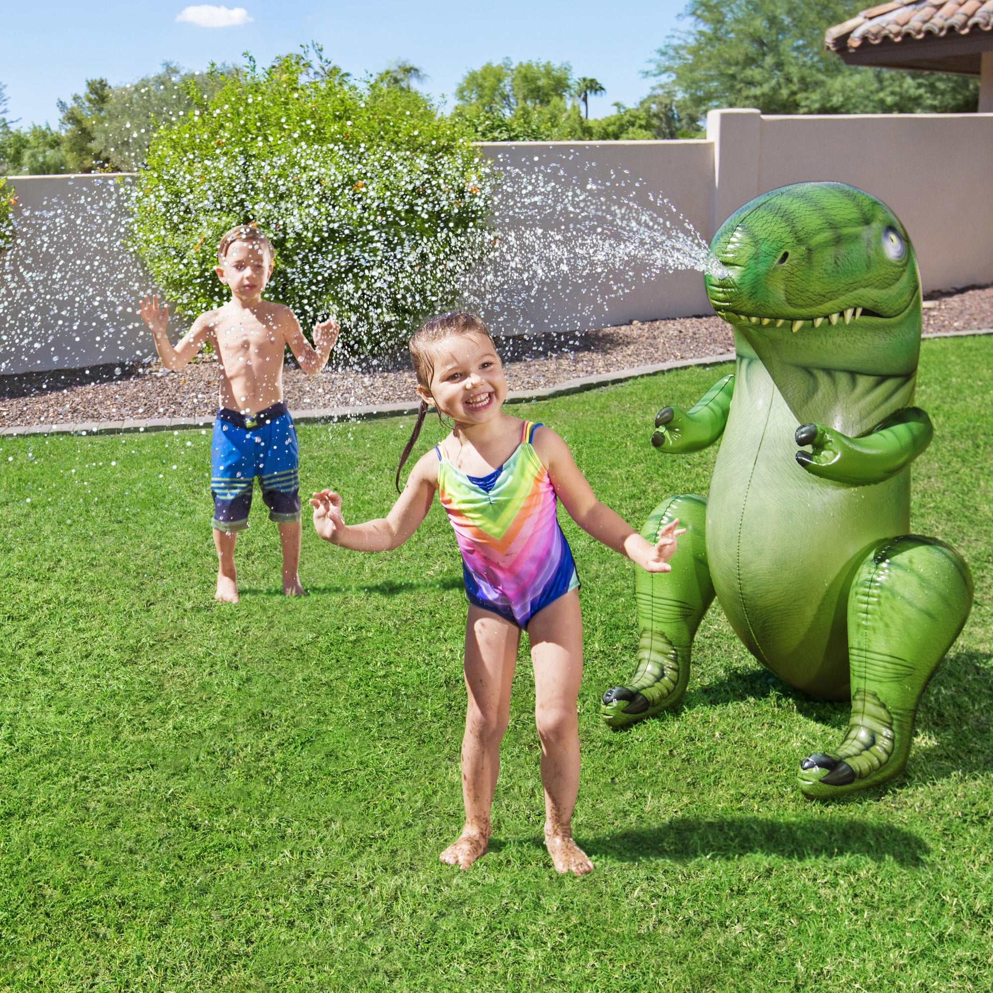 H2OGO! Inflatable Dinomite Sprinkler - Green Dinosaur, T-Rex Snout-Head Sprays Water, Outdoor & Backyard Toy Play, Hose Attaching, Toddlers & Kids 2+