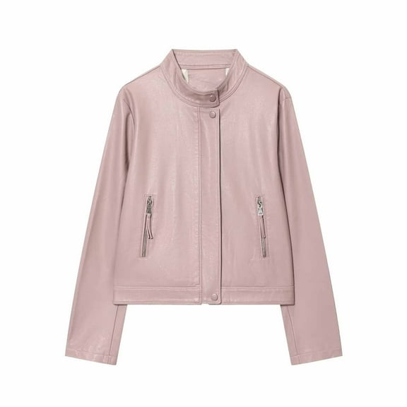 Womens Faux Leather Jackets Stand Collar Front Zipper Button Cropped Cardigan Causal Stylish Outwear With Zip Pockets (S, Pink)