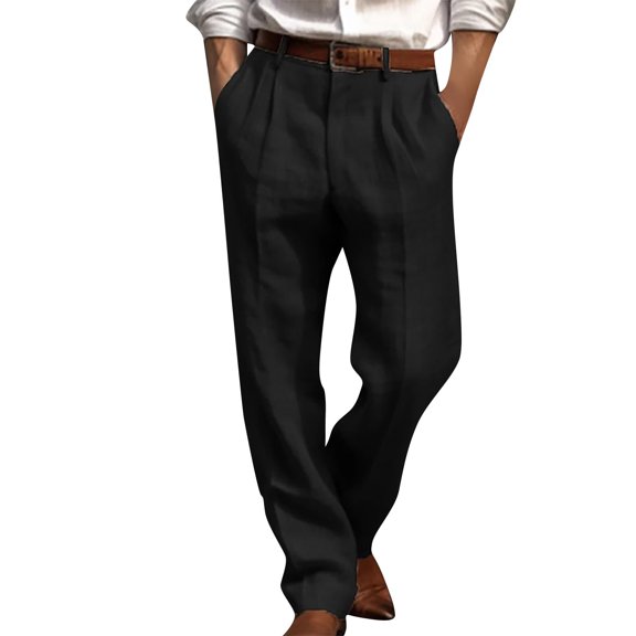 Mens Casual Pants Linen Elastic Waist Lightweight Straight Leg Pants Cotton Loose Fit Summer Beach Yoga Trousers