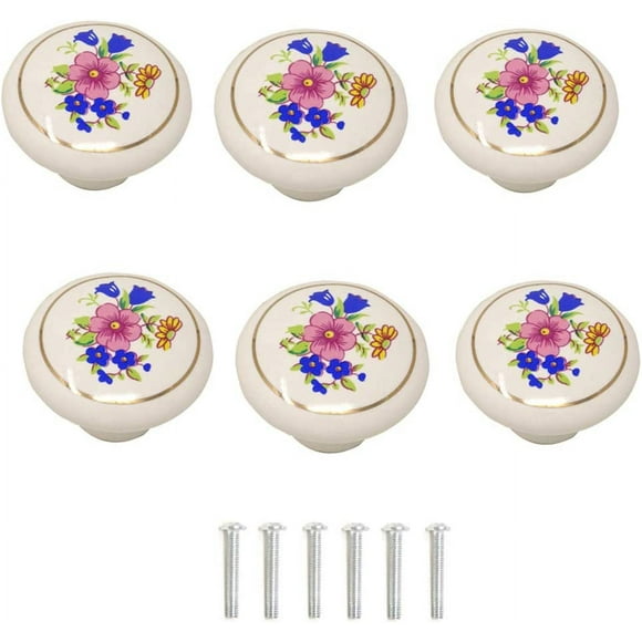 (Orchid) 6 PCS 1-1/2 inch Hand Painted Ceramic Knobs Kitchen Cabinet Door Drawer Pulls Vintage Vintage Handles for Dresser Cupboard Wardrobe