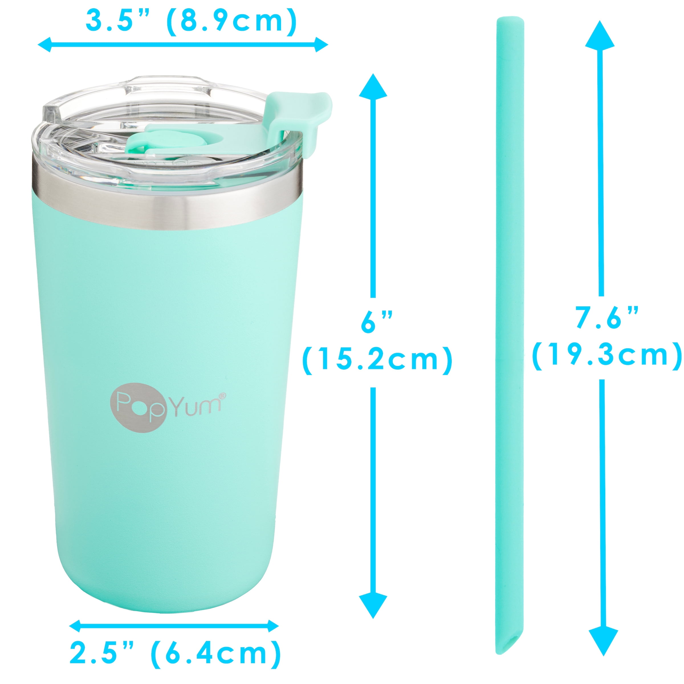 PopYum 13oz Insulated Stainless Steel Kids’ Cups with Lid and Straw, 2-Pack, Blue, Pink, stackable, sippy, baby, child, toddler, tumbler, double wall, vacuum, leak proof