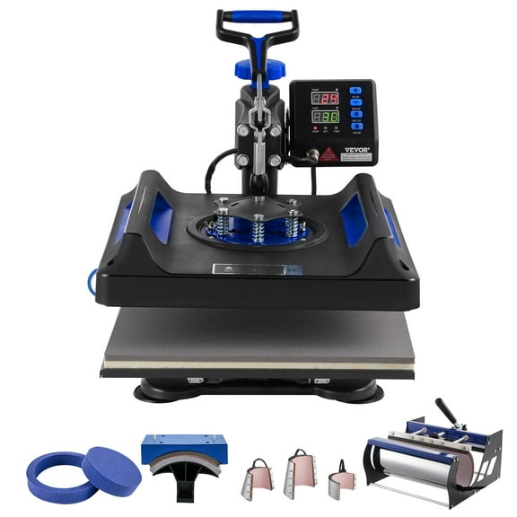 VEVOR Heat Press Machine, 15 x 15 inch, 8 in 1 Heat Transfer Machine with 30 oz Tumbler Press, 360° Swing Away Digital T-Shirt Pressing, Teflon Coating, for T-Shirts/Mugs/Hats/Plates, Black Blue