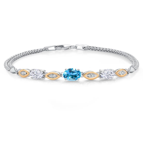 925 Silver and 10K Yellow Gold Swiss Blue Topaz and White Moissanite and White Lab Grown Diamond Bracelet for Women (2.06 Cttw, Gemstone November Birthstone, Oval, Wheat Chain, 6.5 inches)