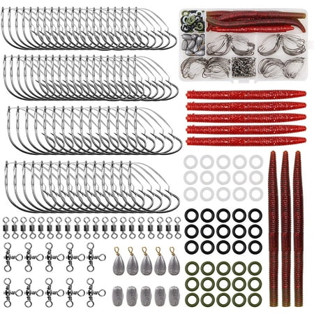 Fishing Wacky Worm Hook Rig Kit 163Pcs Wacky Tool Baits Weedless Worm Hooks O-Rings Bass Fishing Accessories with Tackle Box