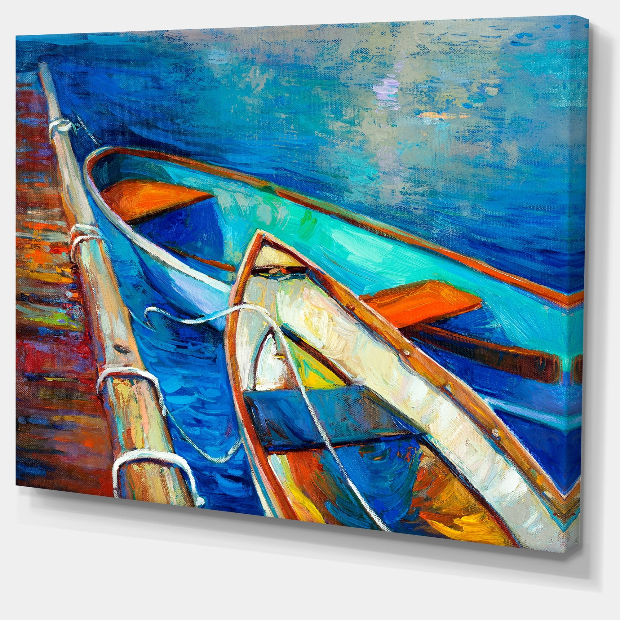 Designart 'Boats and Pier in Blue Shade ' Seascape Canvas Art Print