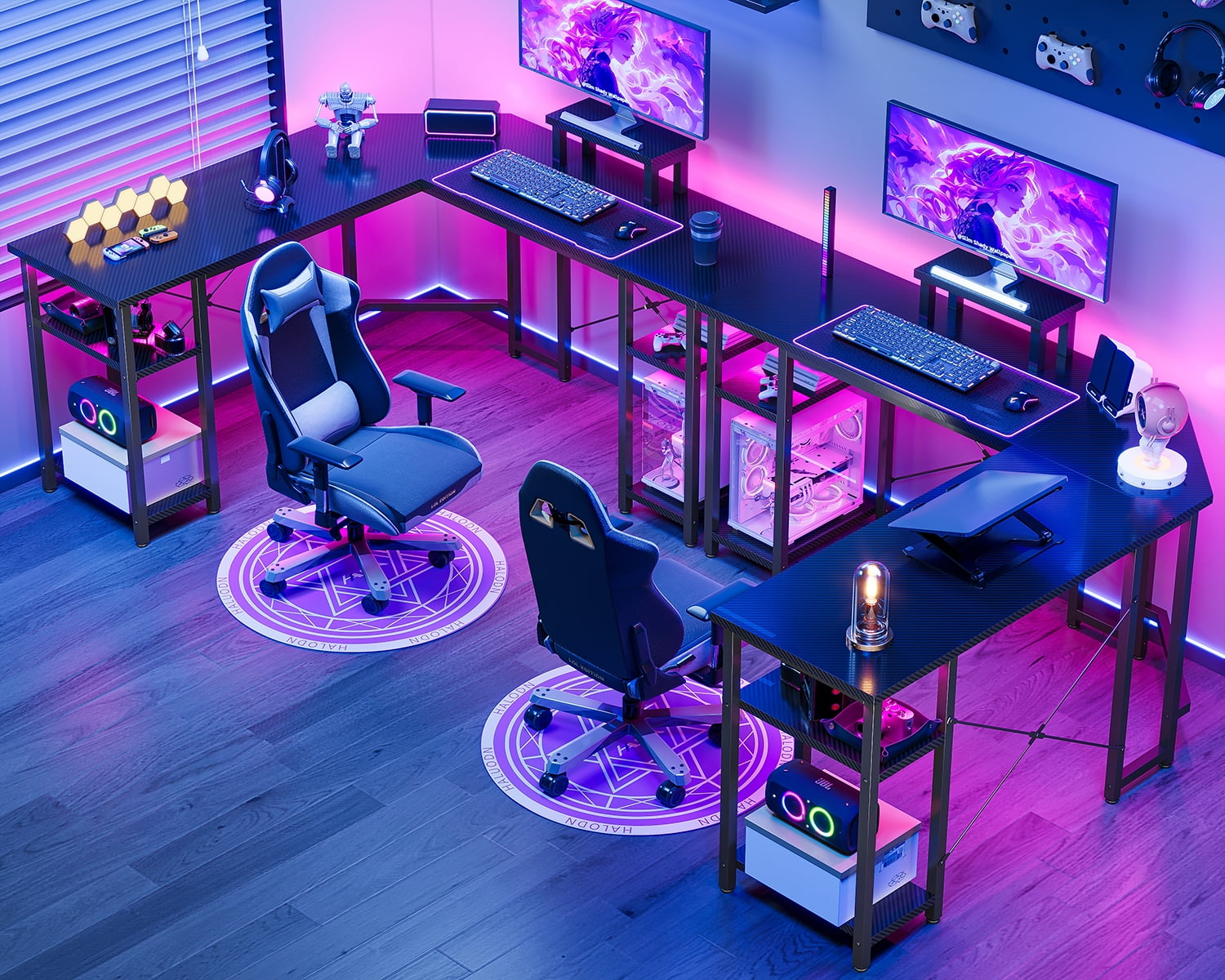 GUNAITO L Shaped Gaming Desk with CPU Stand, 61" Modern Corner Computer Desk,Reversible Office Desk 4-Tier Shelf,Carbon Fiber Black