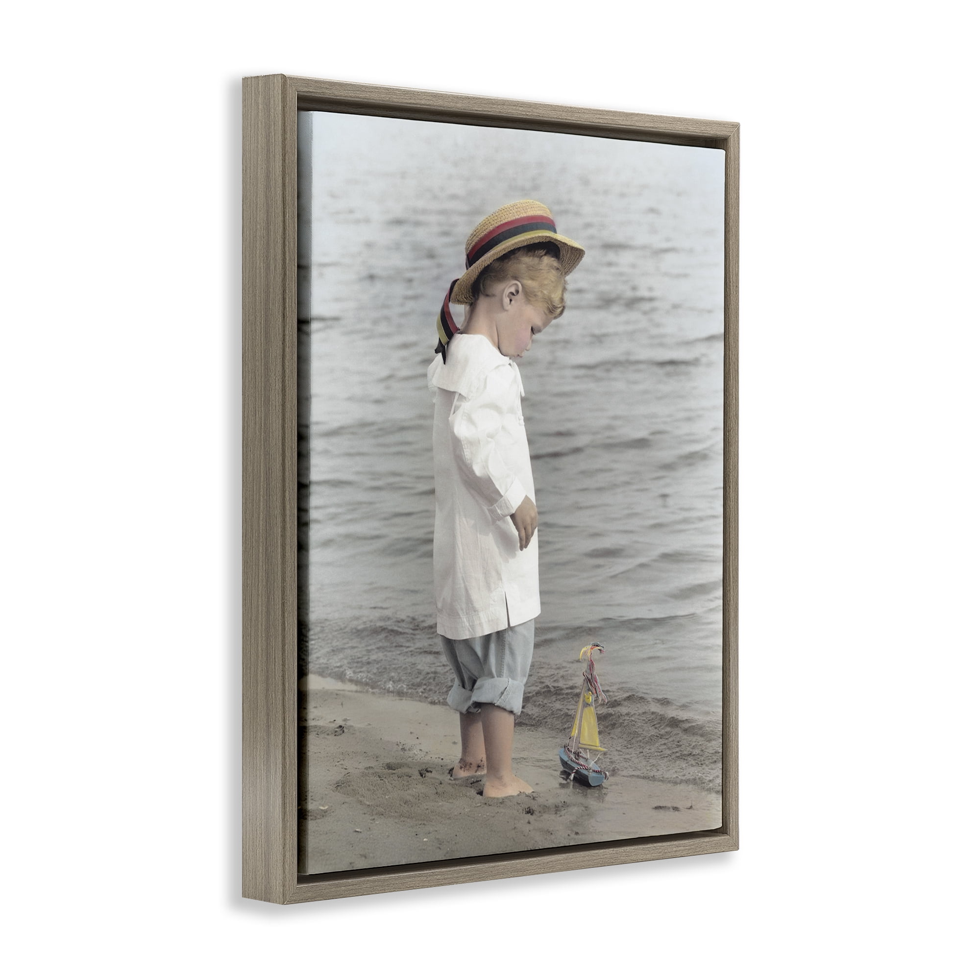 Stupell Industries Child on Beach Shore Brown Framed Floater Canvas Wall Art, design by Kendra Dew