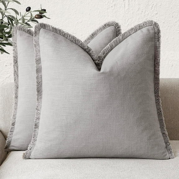 Set of 2 Decorative Linen Fringe Throw Pillow Covers Cozy Farmhouse Cushion Cover with Tassels Accent Pillowcase for Couch Chair Sofa Bed Living Room Home Decor,18×18 Inch,Light Rustic Gray