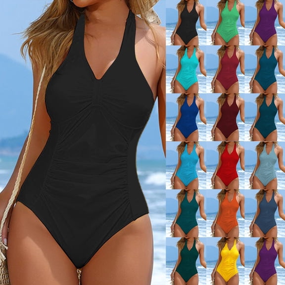Plus Size Swimsuit for Women Solid Color Tied Shoulder Bathing One-piece Suit Summer Beach Pool Comfortable Womens Swimwear Army Green L
