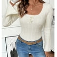 thumbnail image 4 of Aobny Pullover Sweater Tops for Women Ribbed White Crew Neck Sweater Fleece Bell Sleeve Long Sleeve Clothes,XS, 4 of 9