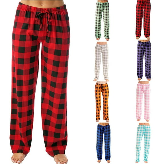 Wiicoznt Pajama Pants for Women Checkered Print Elastic Waist Pajama Bottoms Casual Comfy Loose Sleepwear Plus Size Full Length Pants with Pockets