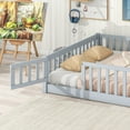 thumbnail image 3 of Full Size Floor Bed with Fence and Door,Rubber Wood Floor Bed with Safety Guardrails,for Living Room & Bedroom,Grey, 3 of 9