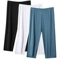 thumbnail image 1 of Plebaso Womens 3 Pack Capris Pants Plus Size Lounge Pajama Pants Casual Wide Leg Solid Color Cropped Pants, 1 of 2