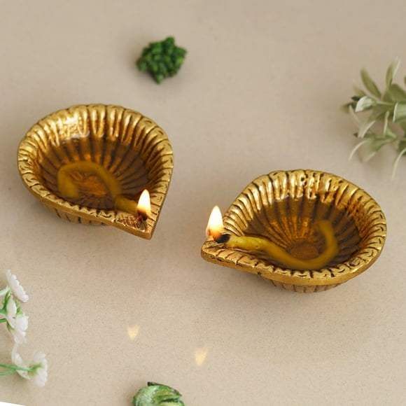 Set Of 2 Golden Handcrafted Decorative Brass Diyas | Auspicious Deepak, Diyas For Puja Room, Home, Office, Temple Decor