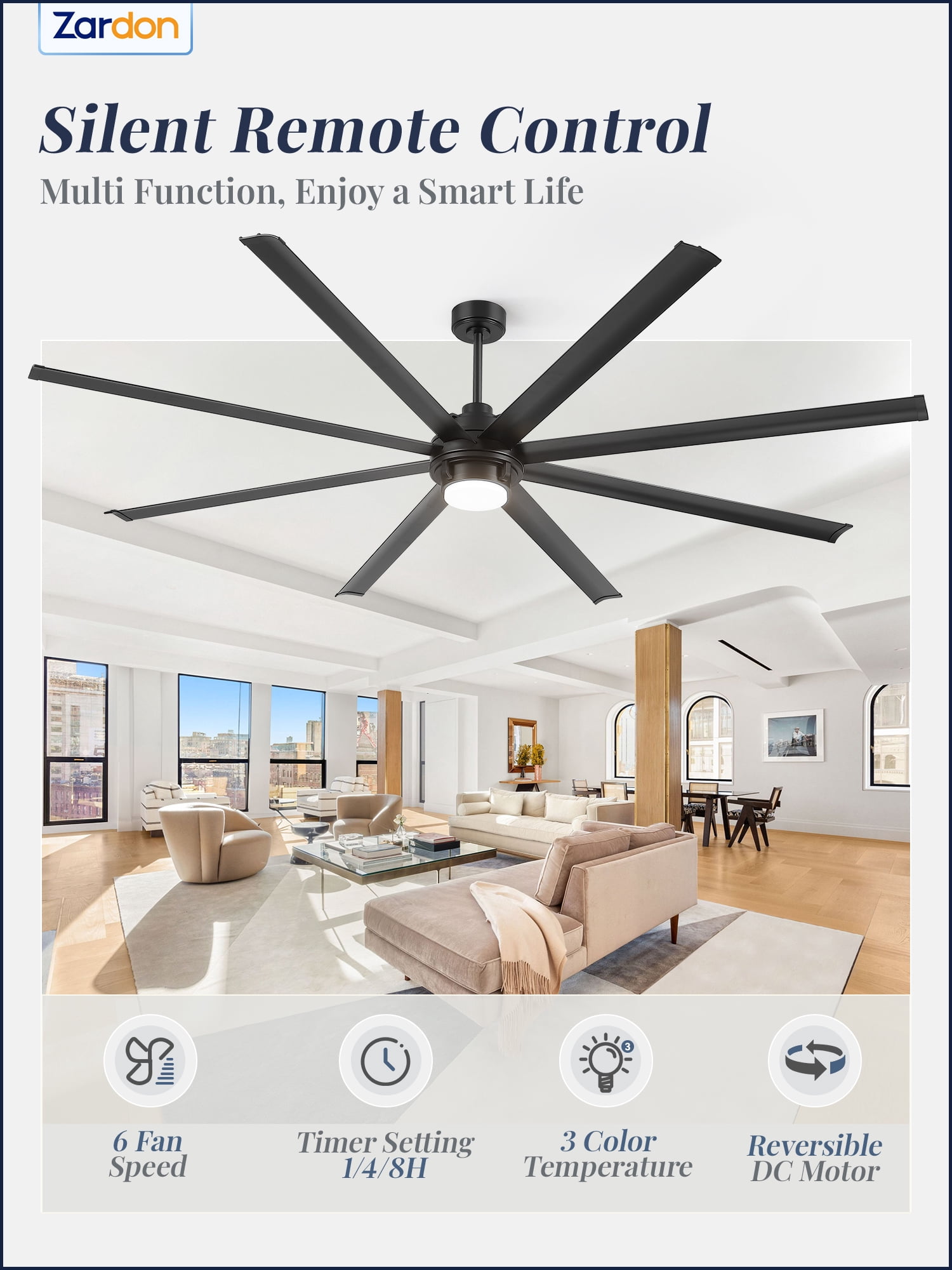 Zardon 96in Large Ceiling Fan with Light and Remote Control, Industrial Ceiling Fan with 6 Speeds Reversible for Indoor, Outdoor, Garage, Black