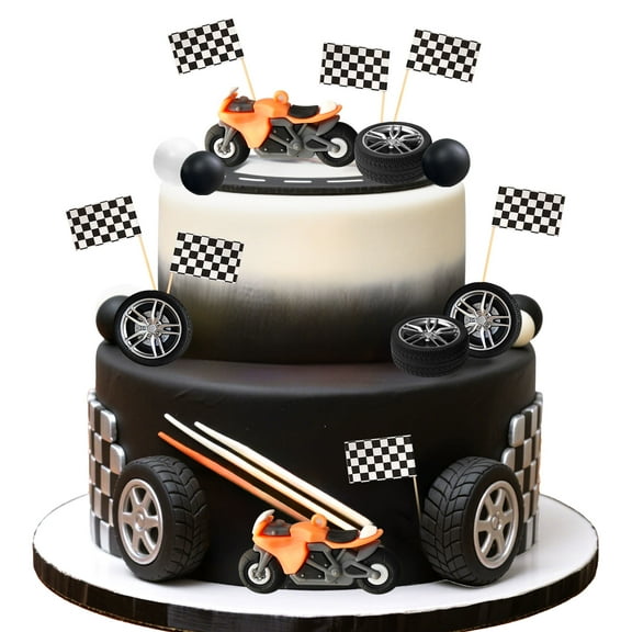 Orange Motorcycle Cake Decoration Set - Soft Rubber Racing Theme with Checkered Flags, Tires & Balls for Party Dessert Toppers