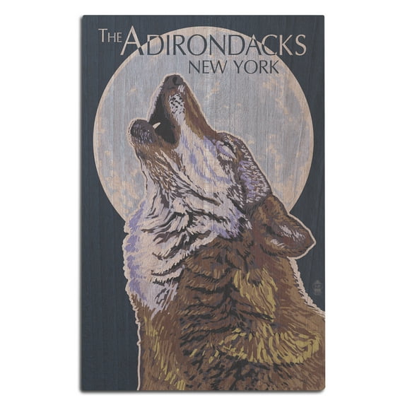 The Adirondacks, New York, Wolf Howling at Moon Birch Wood Wall Sign (12x18 Rustic Home Decor, Ready to Hang Art)